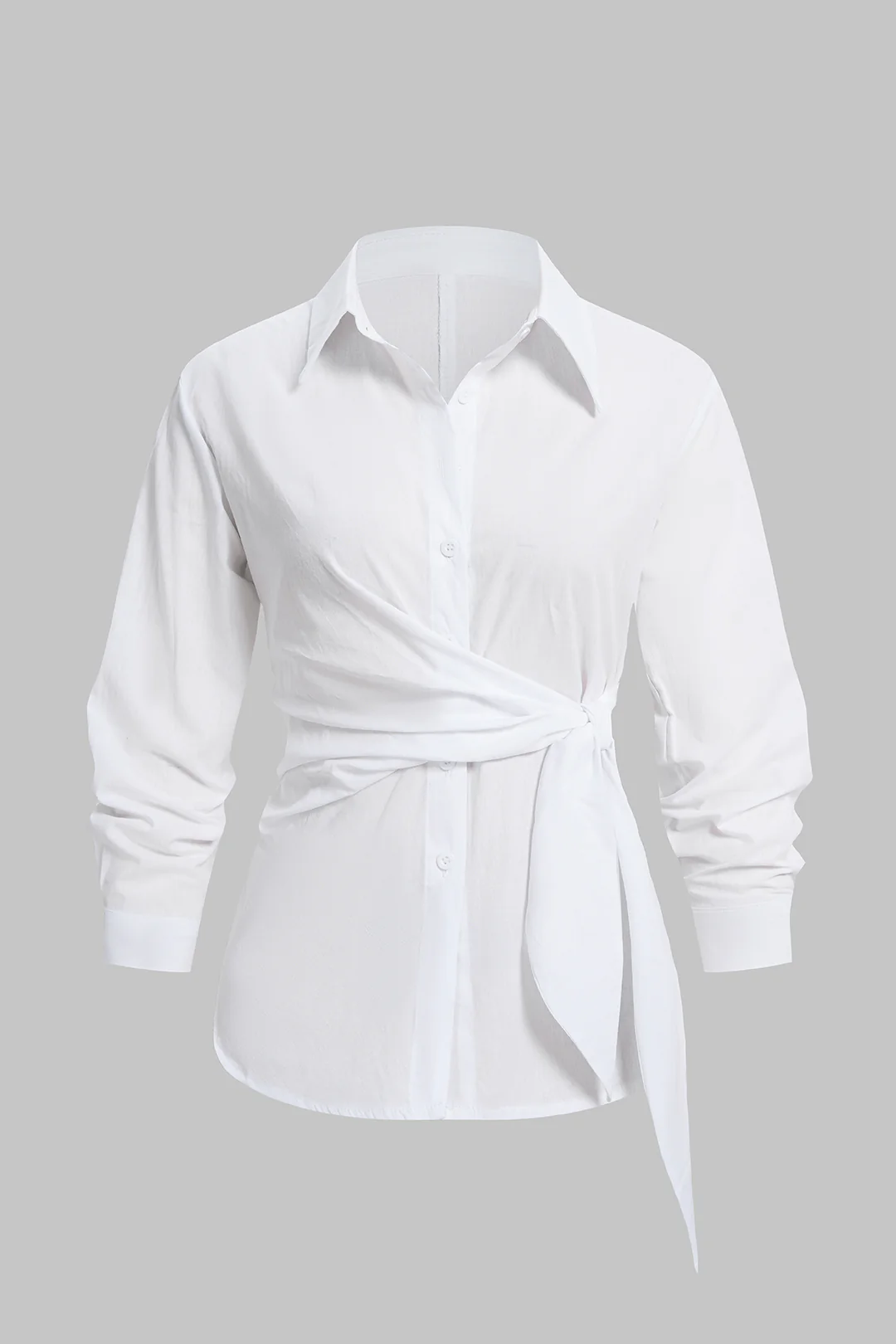 Lapel Button Tie Front Long-Sleeve Shirt - Flockneti