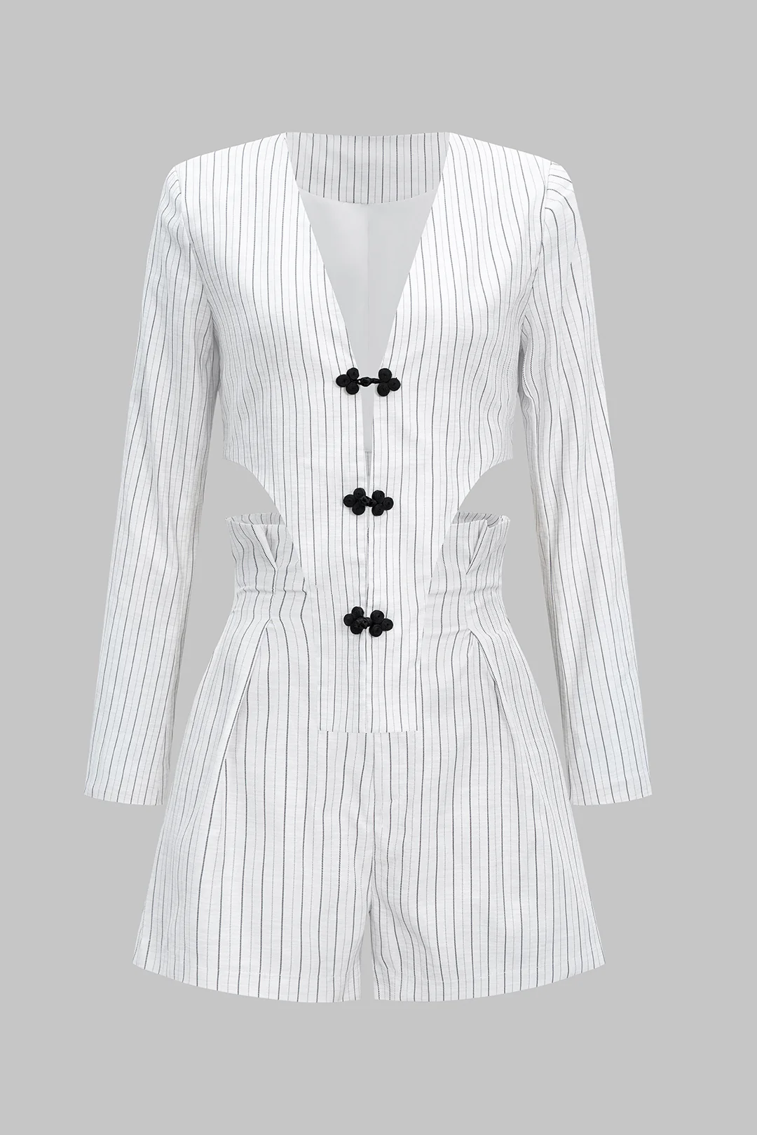Stripes Deep V-Neck Long Sleeve Top And High Waist Shorts Set - Flockneti