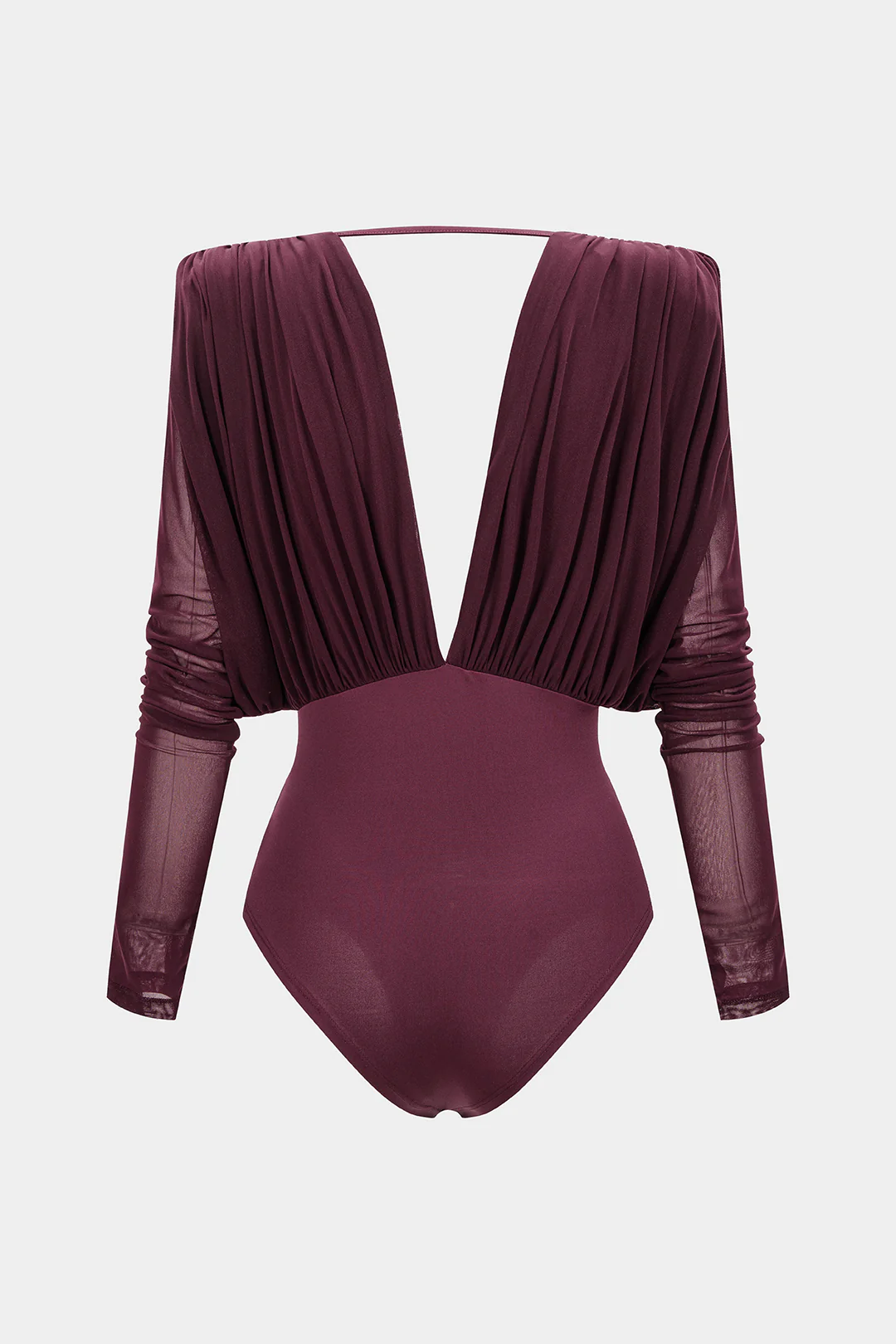 Mesh Ruched V-Neck Long Sleeve Bodysuit - Flockneti