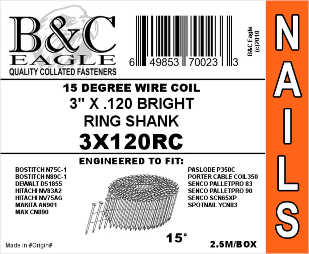B and C Eagle 3 x .120 Wire Collated Ring Bright Coil Framing Nails 2500pc - Flockneti