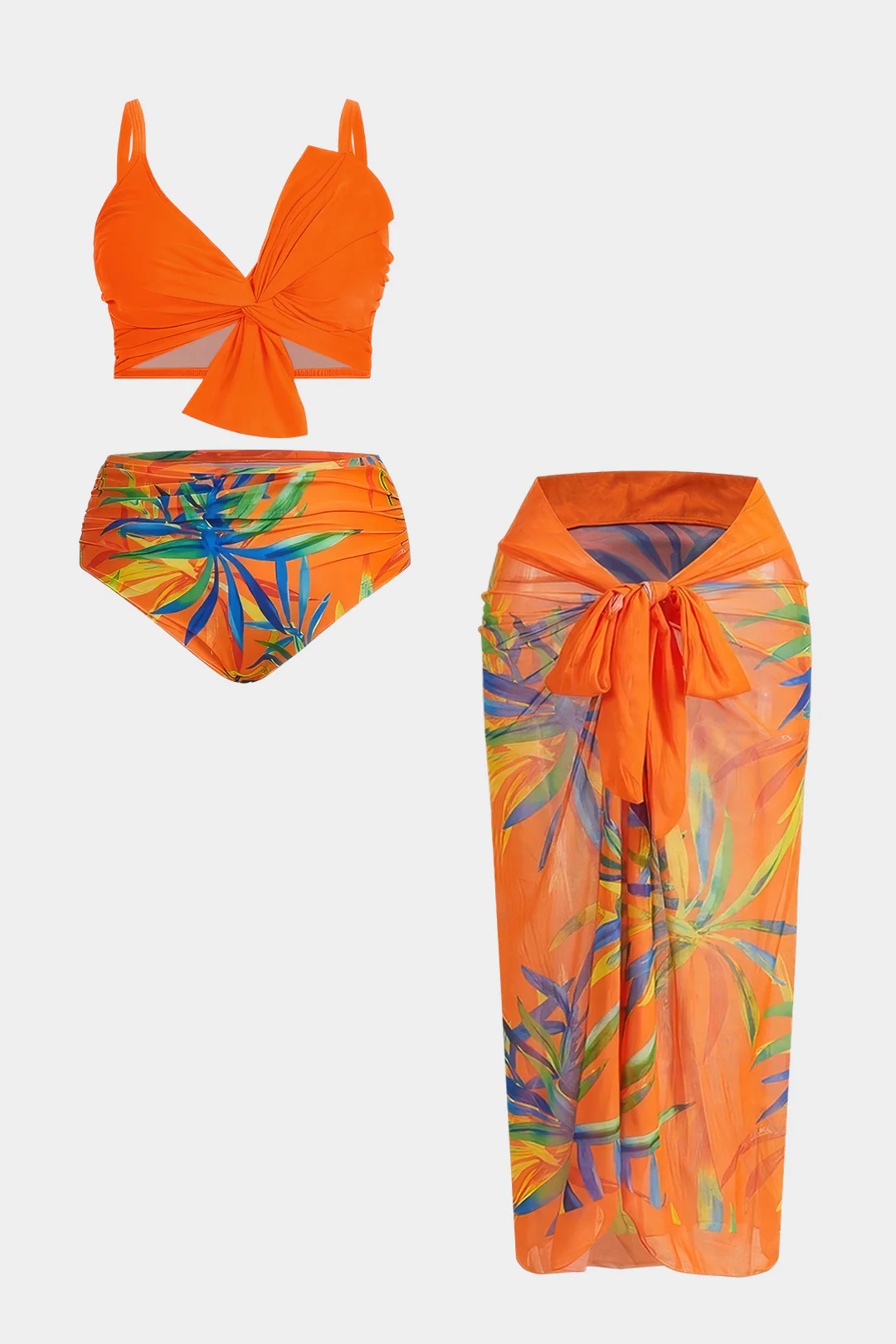 Plus Size 3D Floral Branches Print Knotted Bikini Set - Flockneti