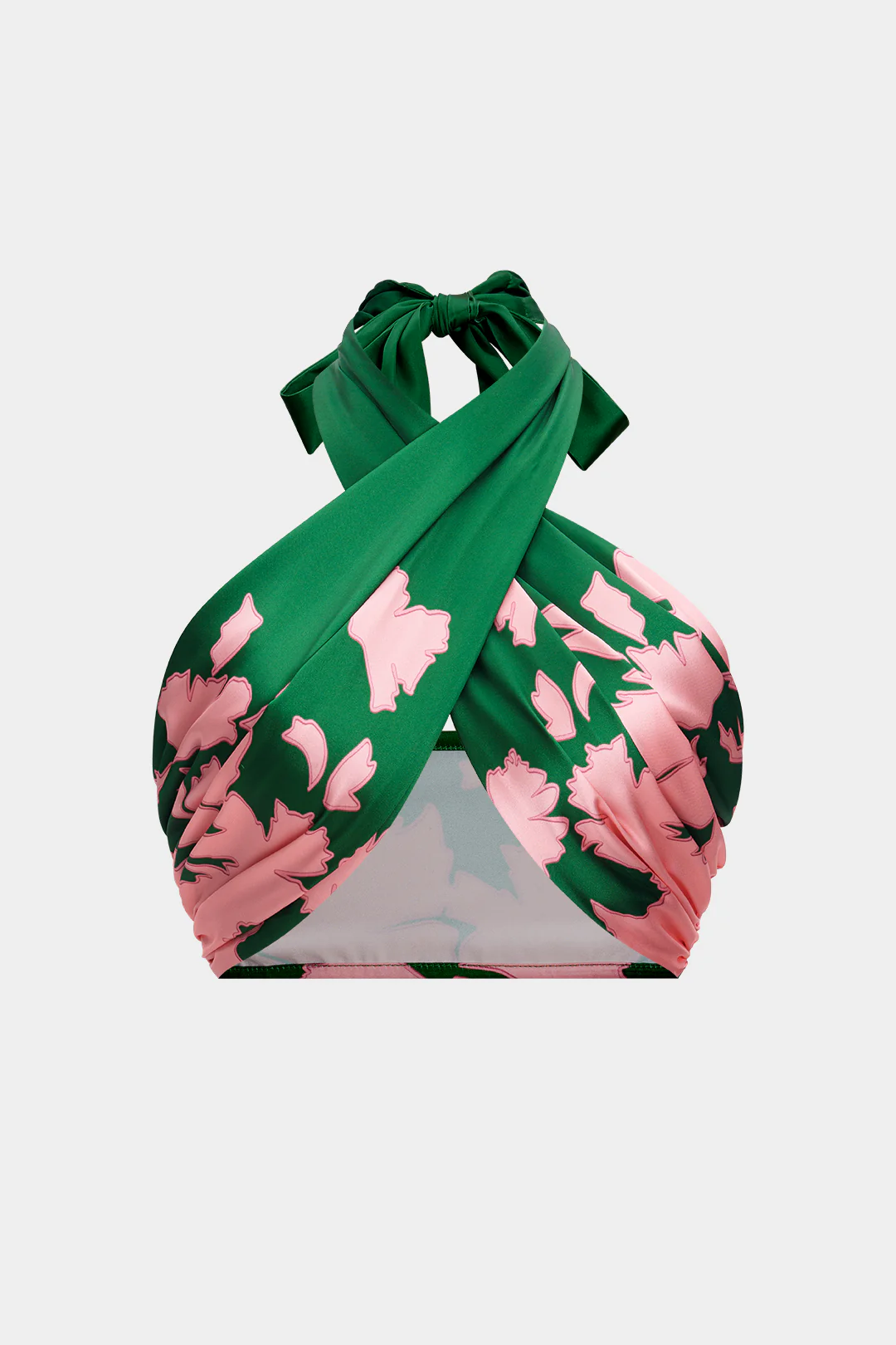 Satin Floral Pattern Crossed Halter Neck Ruched Cami Top - Flockneti