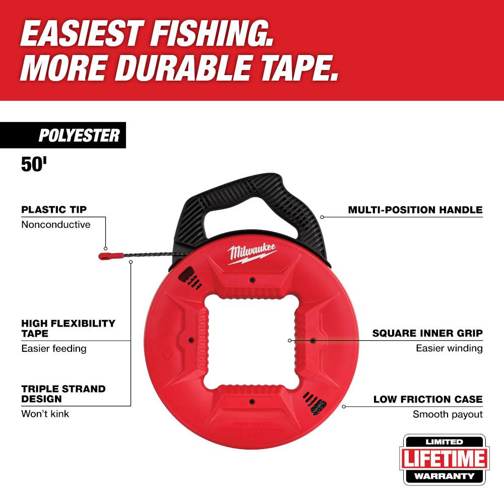 Milwaukee 50 Ft. Polyester Fish Tape with Non-Conductive Tip - Flockneti