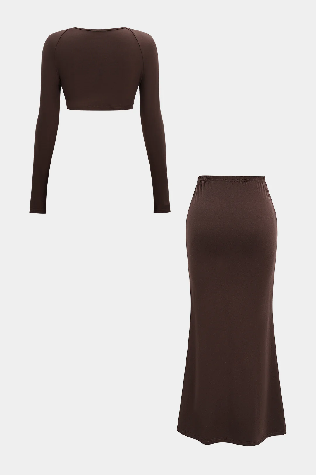 Square Neck Long Sleeve Cropped Top And Ruched Skirt Set - Flockneti