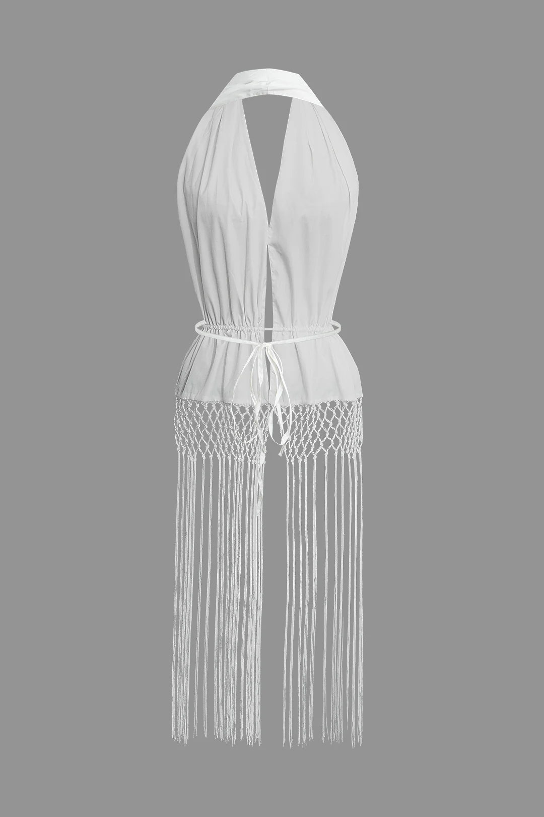Halter Neck Tie Up Fringe Hem Backless Tank Top - Flockneti