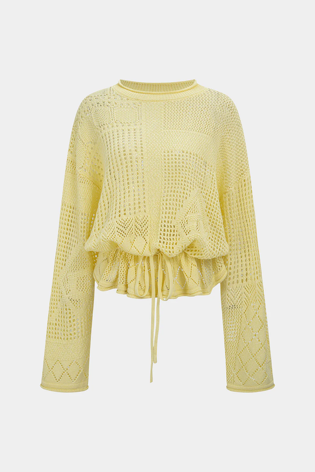 Solid Geometric Round Neck Drawstring Long-Sleeve Top - Flockneti
