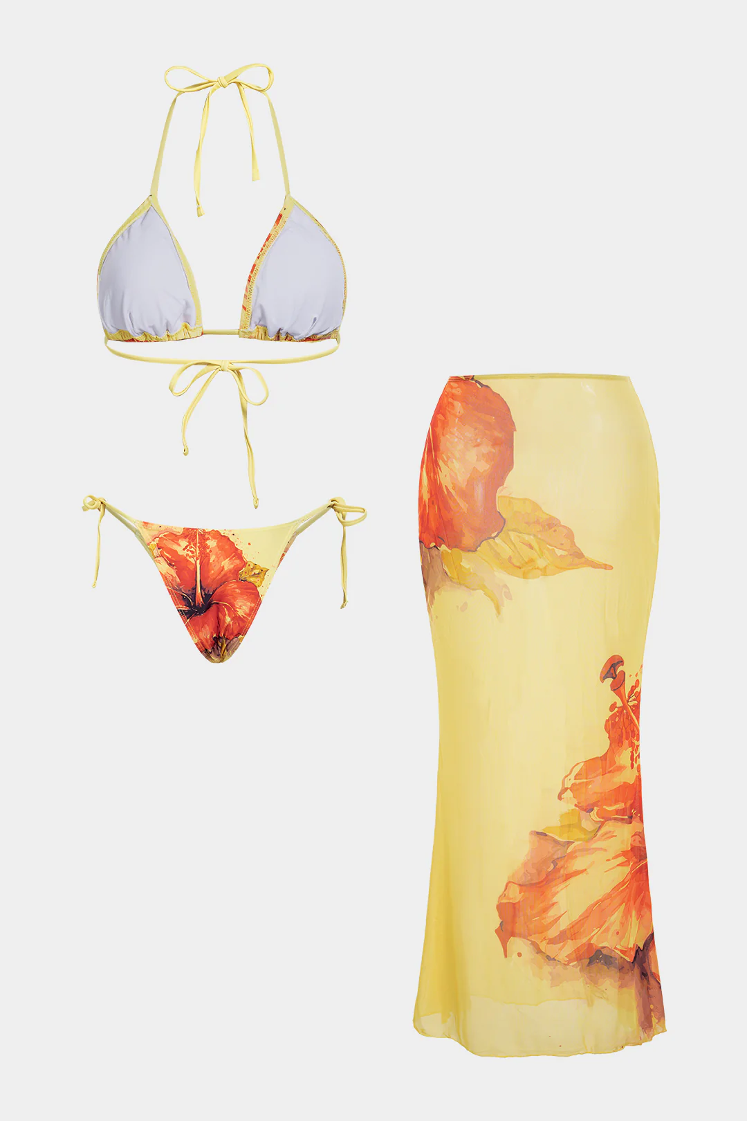 Floral Print Mesh Patchwork Halter Tie-Up Bikini Set - Flockneti