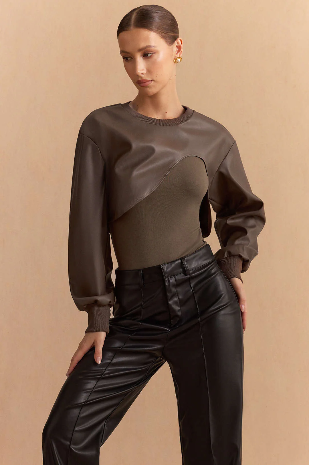 Faux Leather Patchwork Round Neck Asymmetrical Long Sleeve Bodysuit - Flockneti