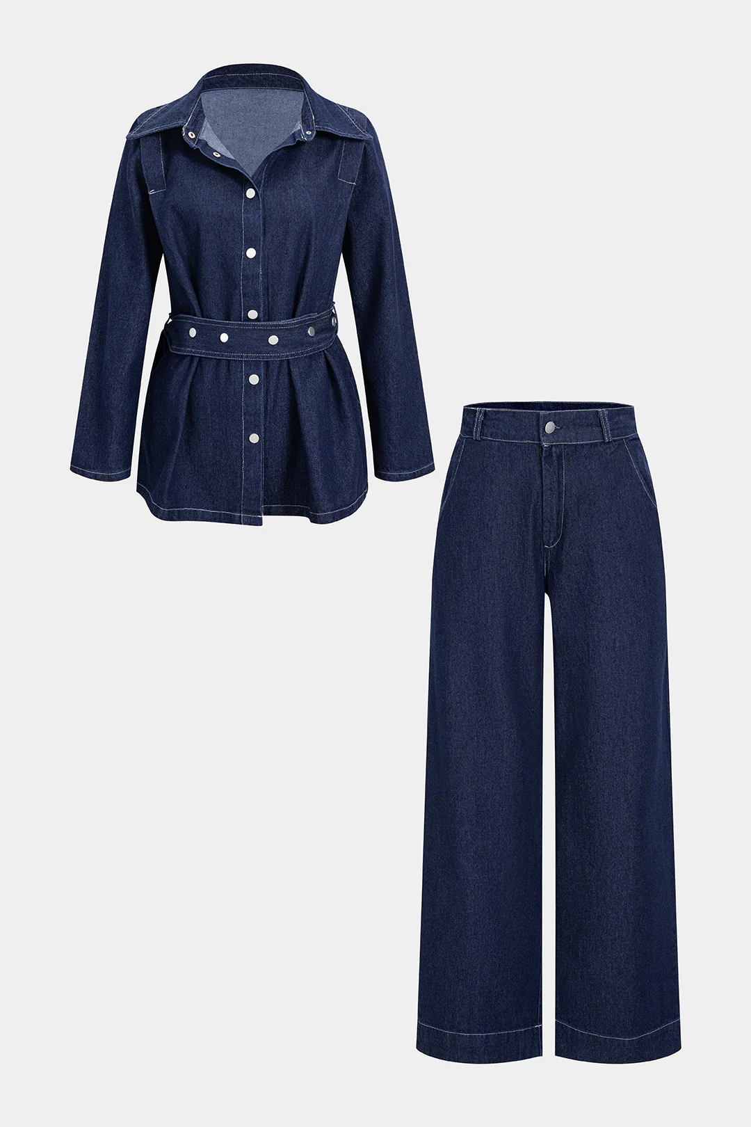 Denim Button Belted Long Sleeve Shirt And Straight Leg Jeans Set - Flockneti