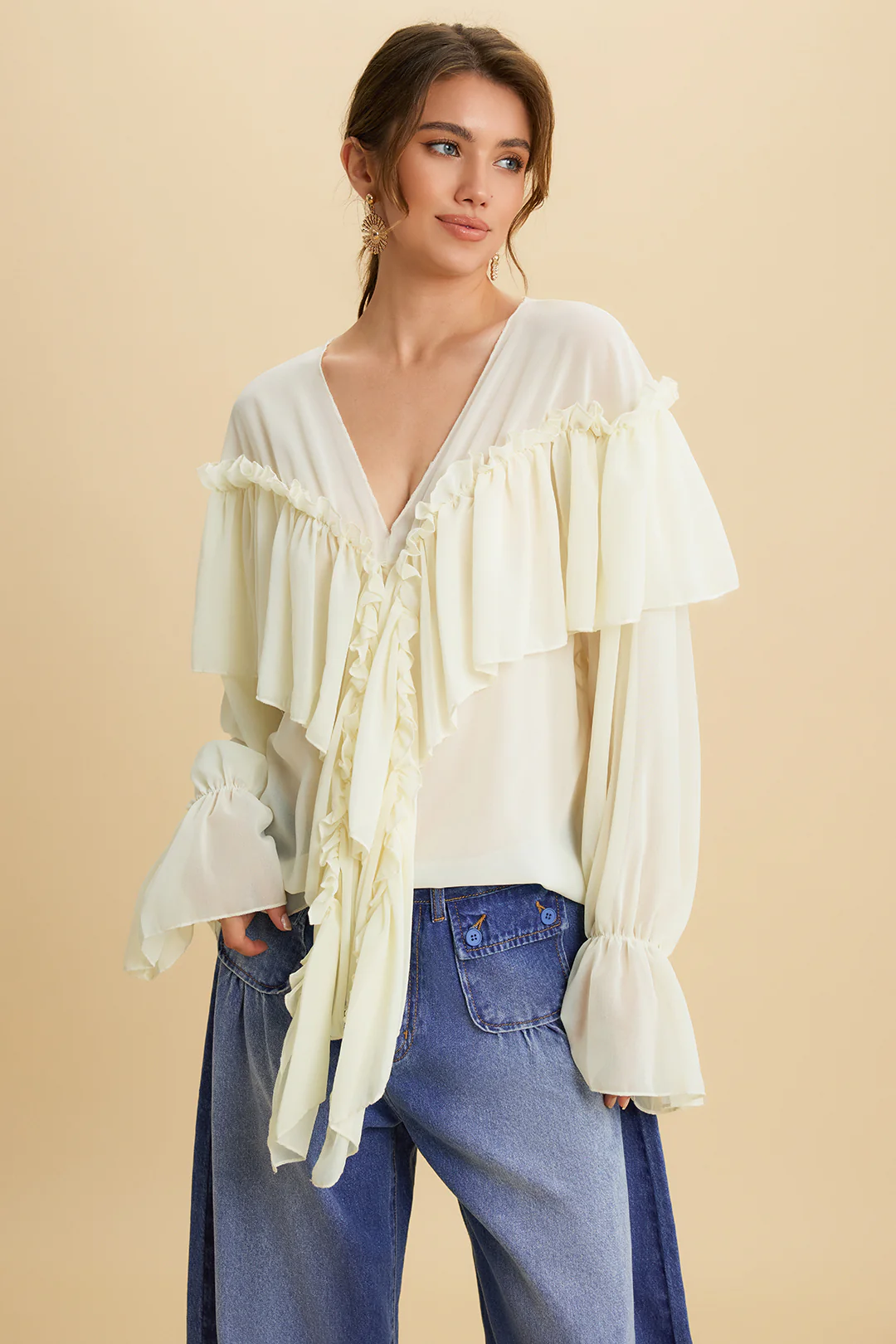 Chiffon Ruffle Ruched Strappy Bell Long-Sleeve Shirt - Flockneti