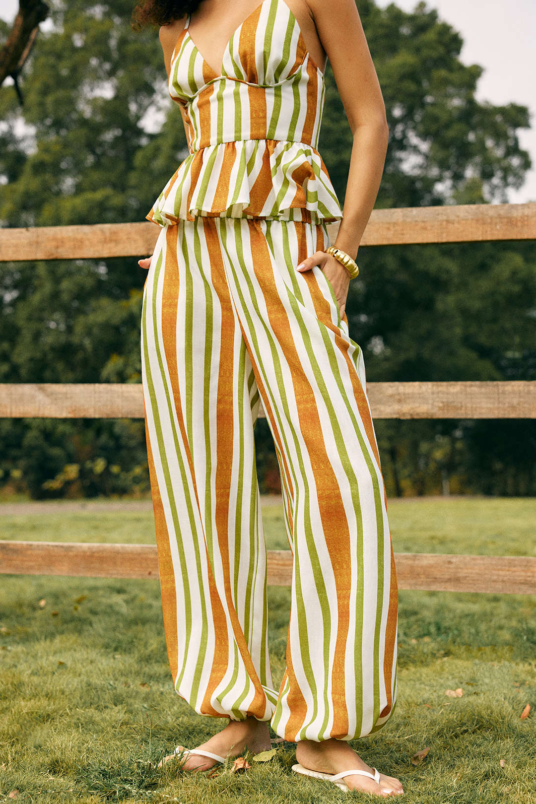 Stripes Print Shirred Waistband Ruched Lantern Pants - Flockneti