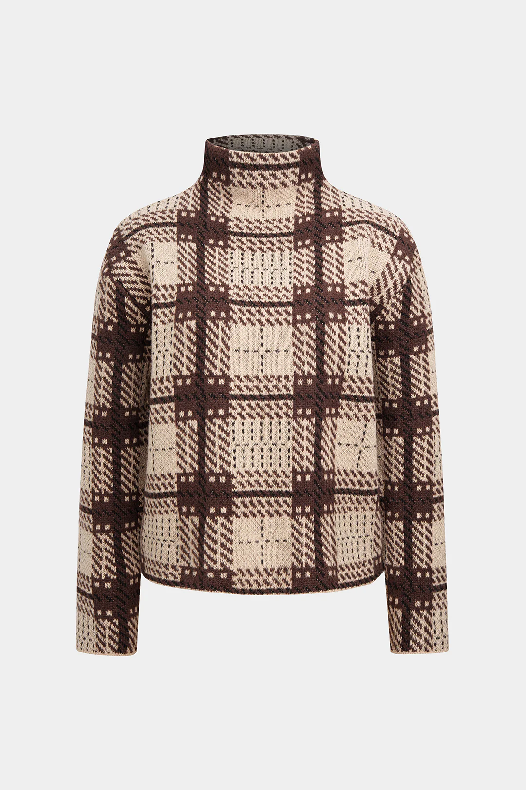 Knit Plaid Print Mock Neck Long-Sleeve Top - Flockneti