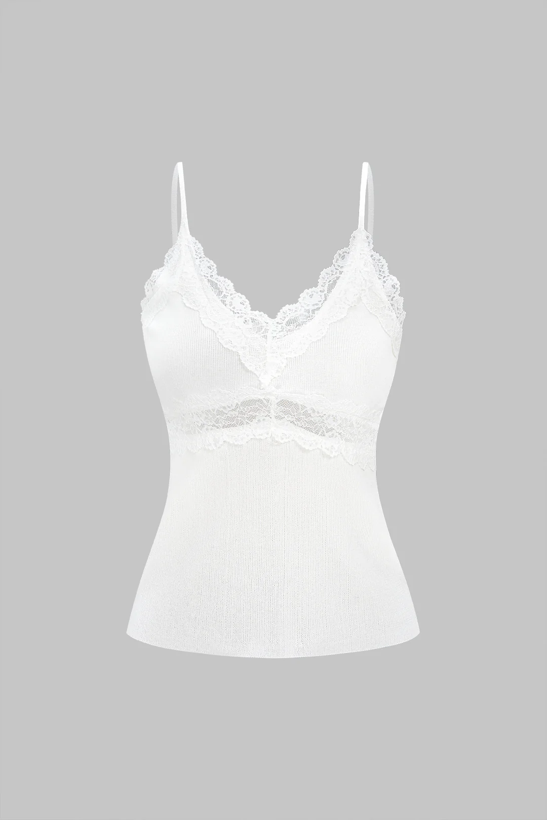 Knit Patchwork Lace Trim V-Neck Cami Top - Flockneti