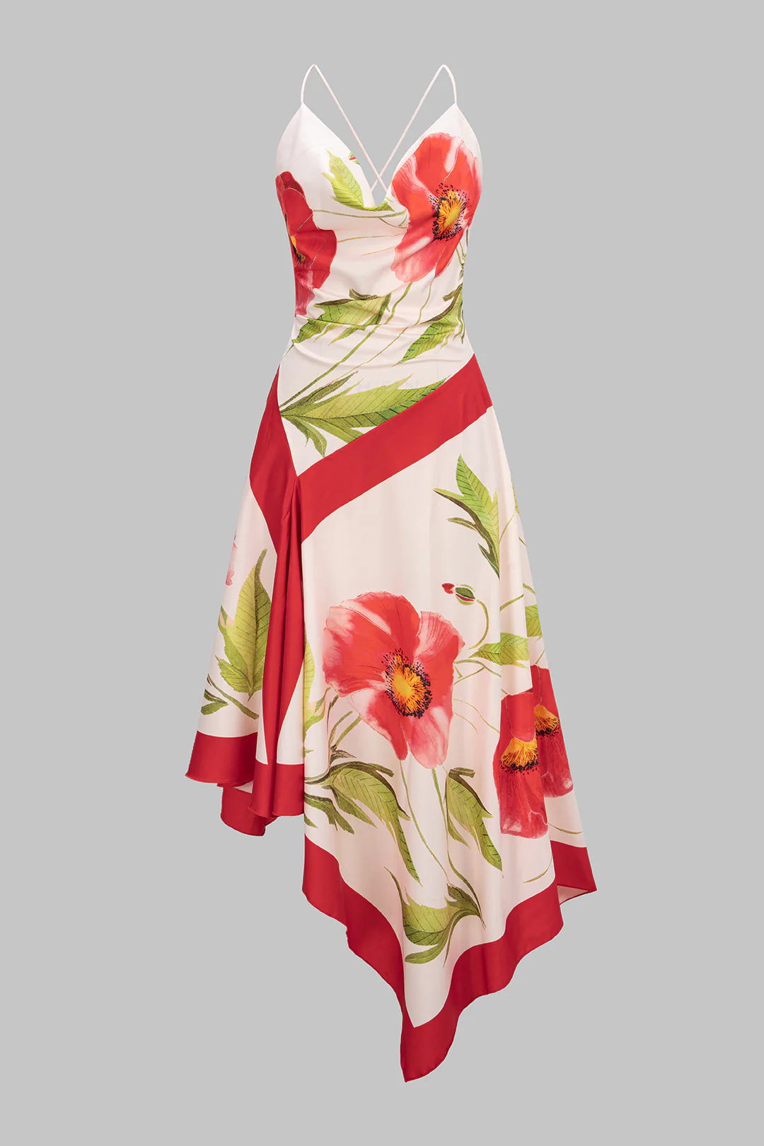 Floral Print Draped Cowl Neck Crossed Backless Slip Sleeveless Midi Dress - Flockneti