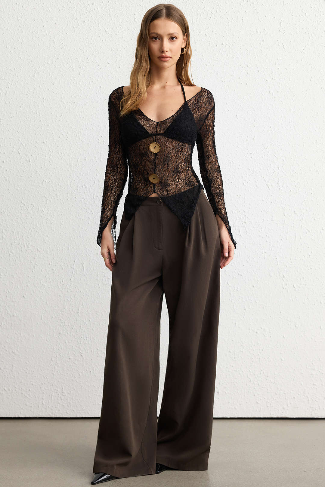 Jacquard Textured V-Neck Slit Button Long Sleeve Top - Flockneti