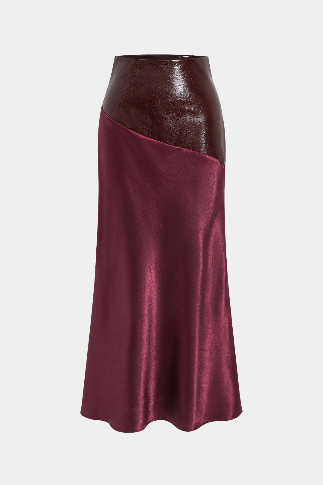 Satin Patchwork Faux Leather Asymmetrical Skirt - Flockneti