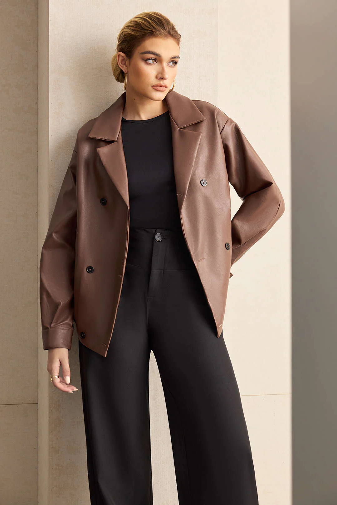 Faux Leather Notched Lapel Blazer - Flockneti