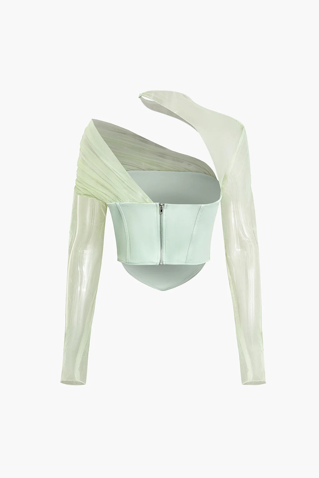 Mesh Ruched Asymmetrical Zipper Long-Sleeve Top - Flockneti