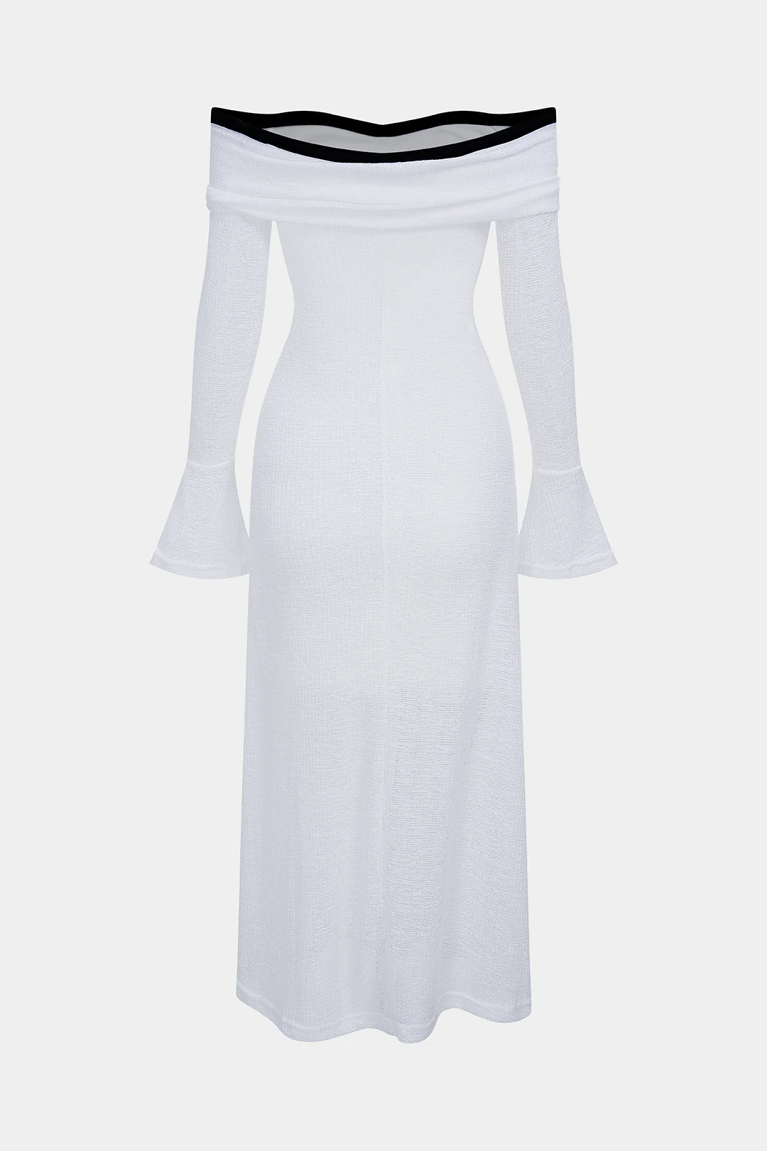 Knit Contrast Binding Off Shoulder Tie-Up Long Sleeve Dress - Flockneti