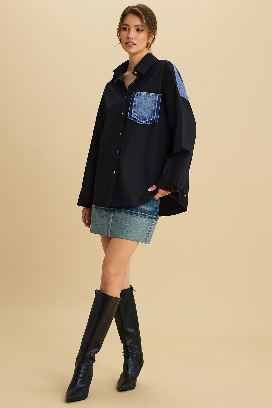 Patchwork Denim Long Sleeve Shirt - Flockneti
