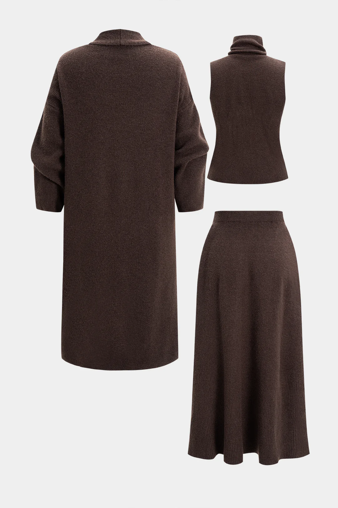 Knit Ruched Long Cardigan And Mock Neck Tank Top And Skirt Set - Flockneti