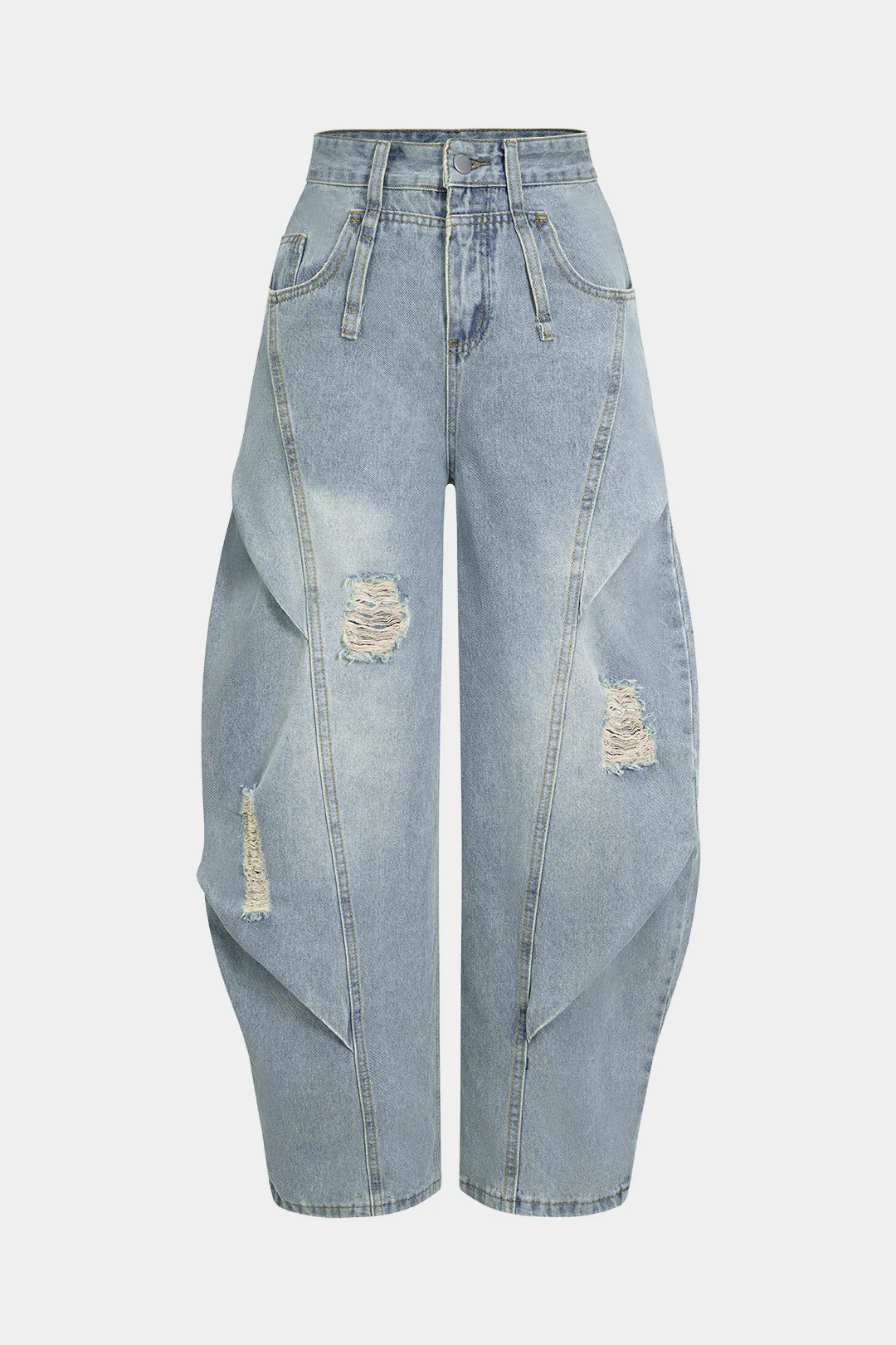 Denim Ripped Ruched Barrel Jeans - Flockneti