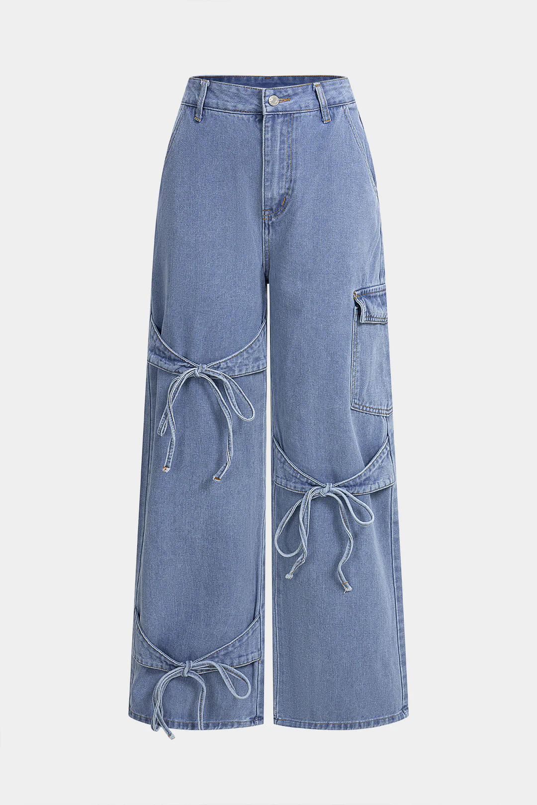 Denim Bow Tie-Up Straight Leg Jeans - Flockneti