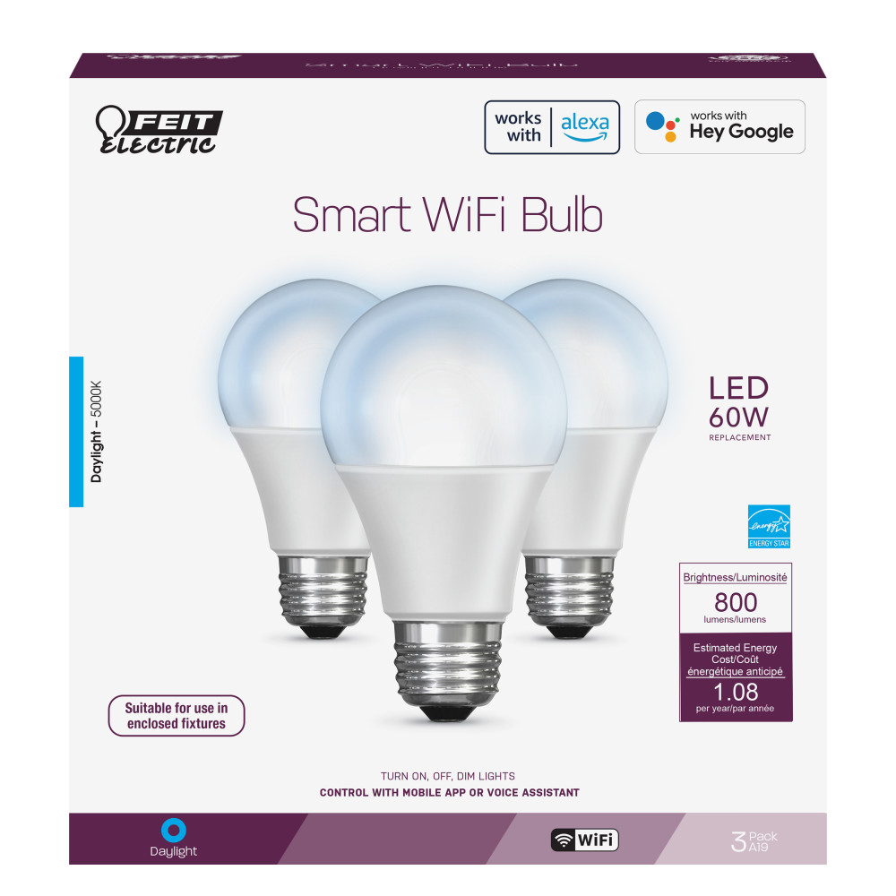 Feit Electric 60W A19 Alexa Google LED Smart WiFi Bulb 3pk - Flockneti