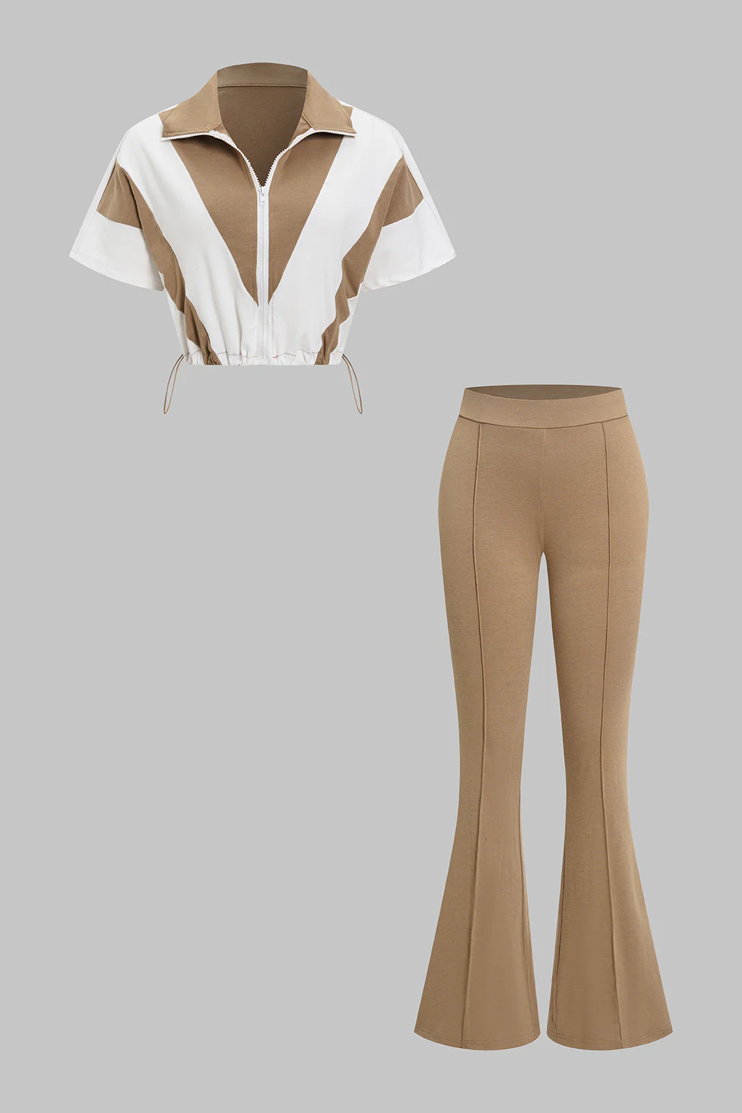 Contrast Print Lapel Drawstring Short Sleeve Top And Pants Set - Flockneti