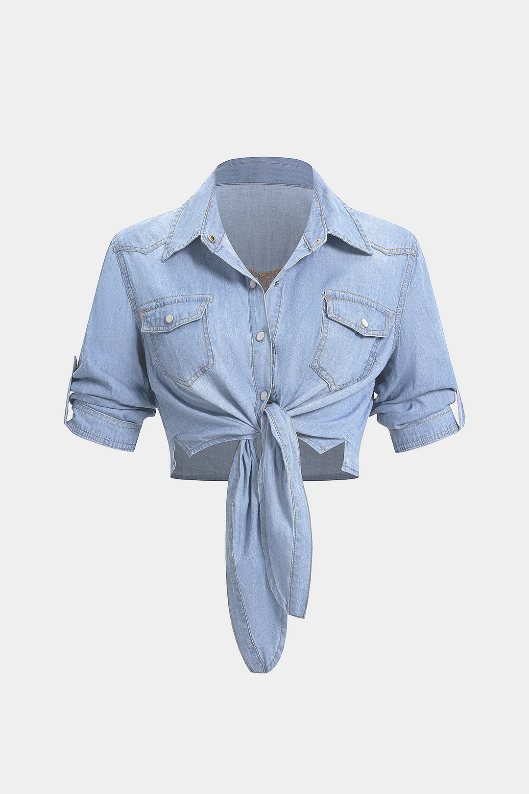 Denim Lapel Knotted Short Sleeve Shirt - Flockneti