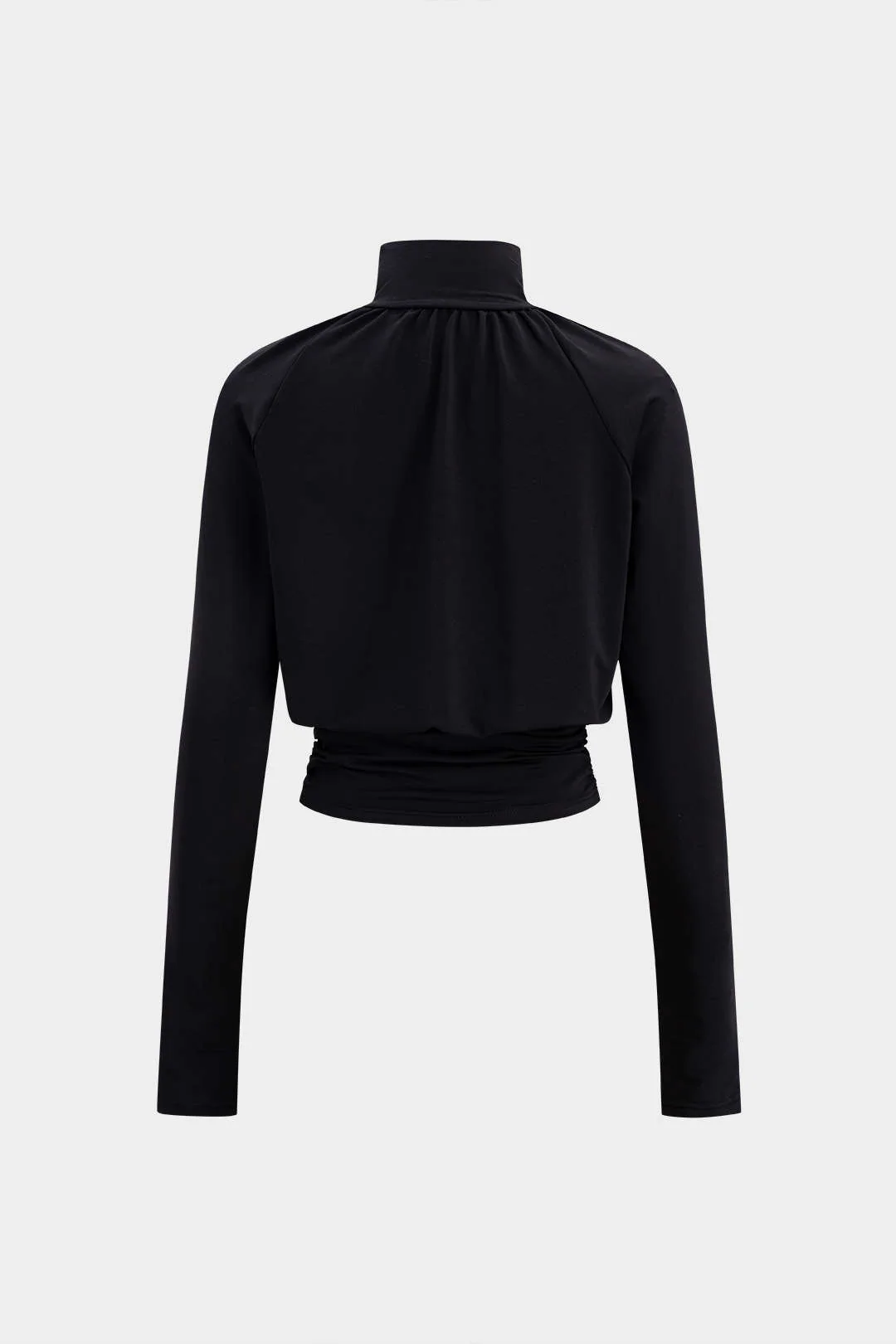 Basic Faux Leather High Collar Wrinkled Long Sleeve T-Shirt - Flockneti