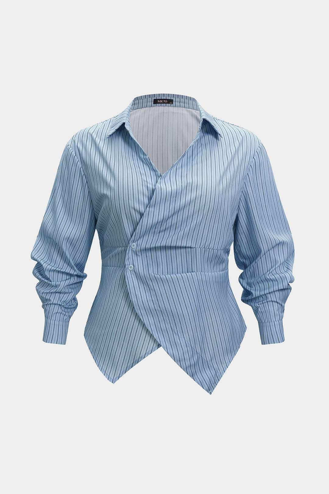 Plus Size Stripes Print Button Asymmetrical Long-Sleeve Shirt - Flockneti