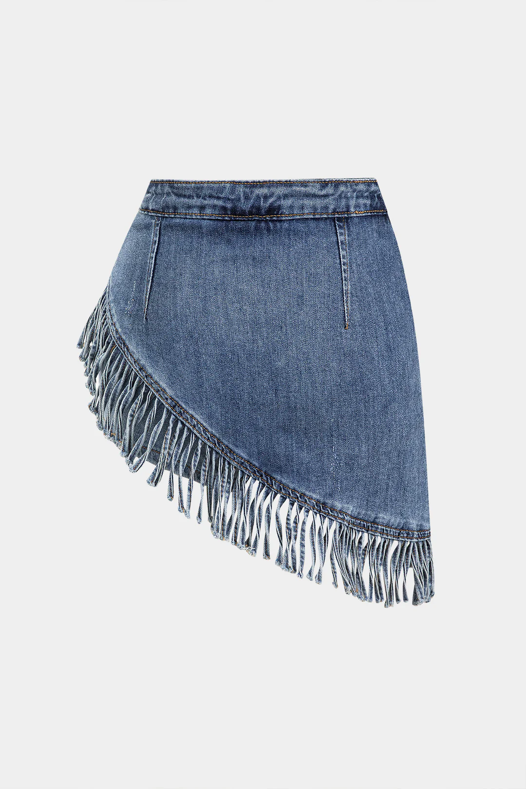 Denim Asymmetrical Fringe Hem High Waist Skirt - Flockneti