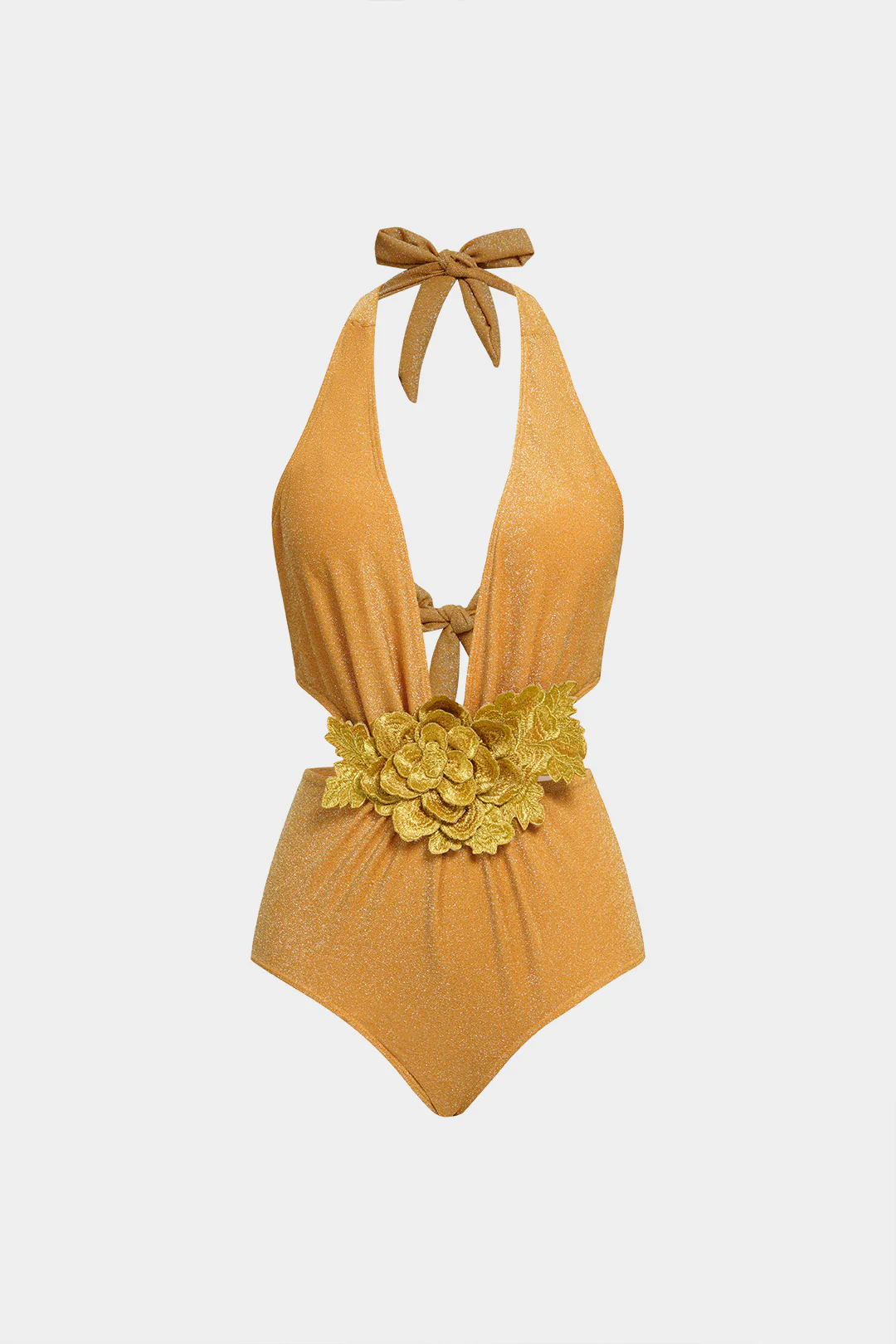 3D Flower Halter Deep V-Neck Bikini Swimsuit - Flockneti