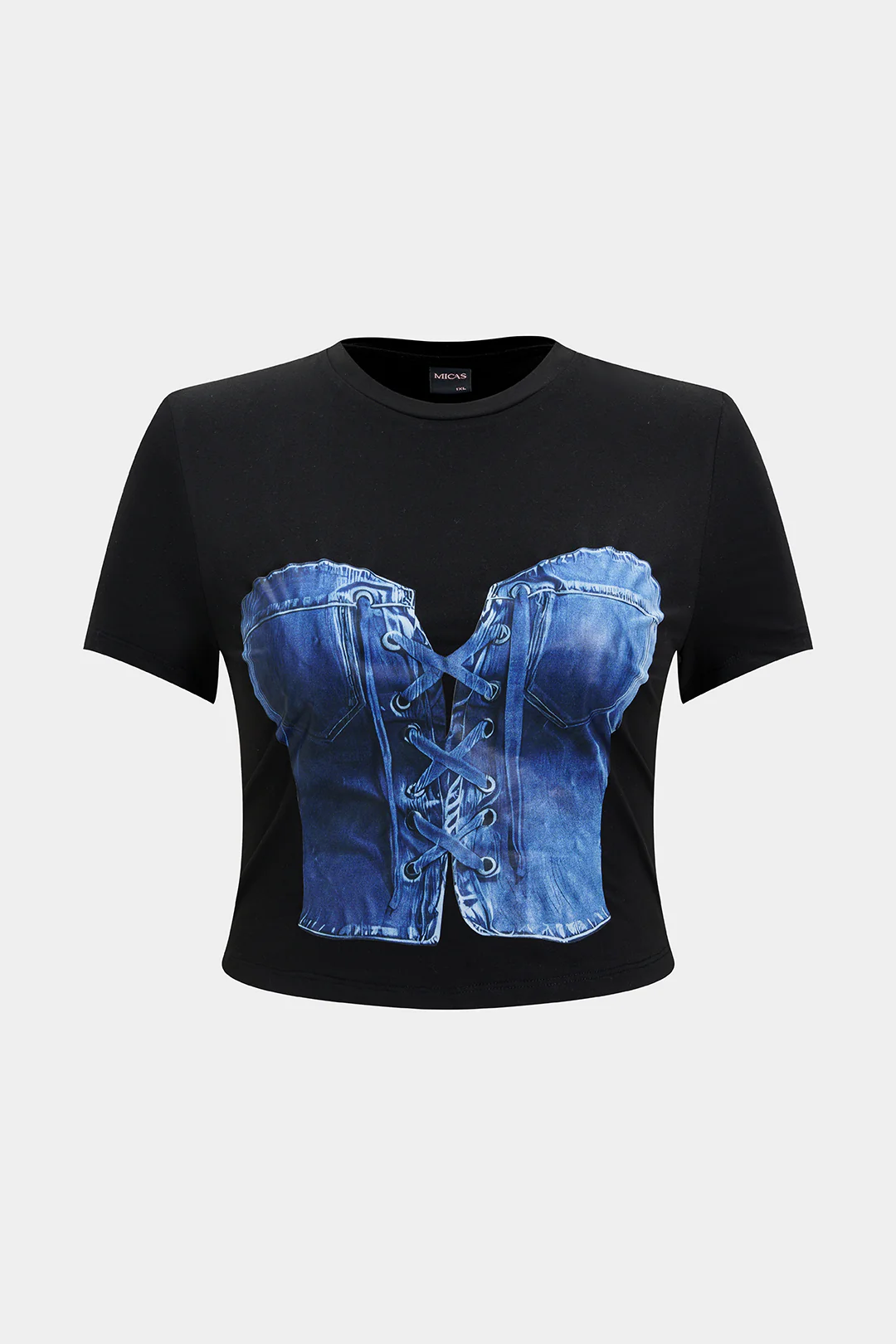 Plus Size Printed Denim Short Sleeve T-Shirt - Flockneti