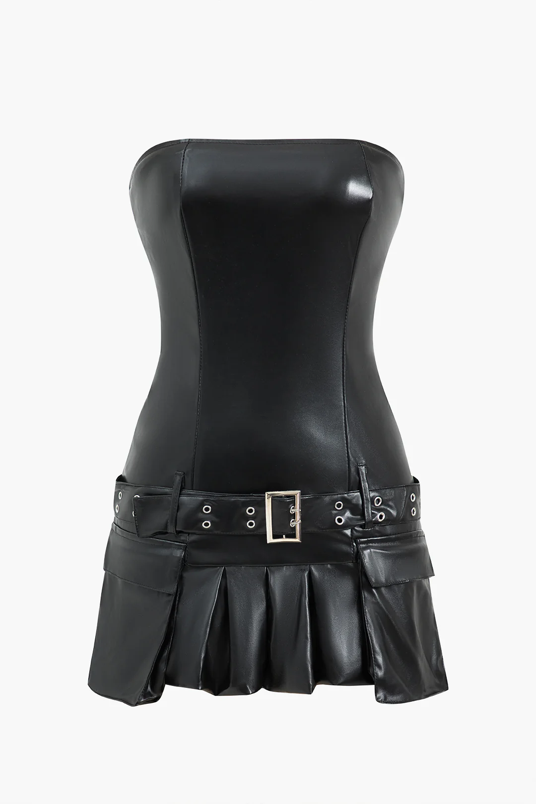 Faux Leather Strapless Pleated Belted Sleeveless Mini Dress - Flockneti