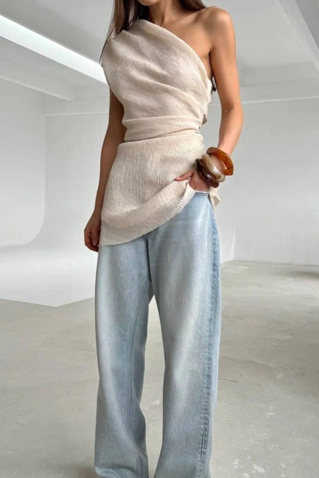 Knit One Shoulder Ruched Tank Top - Flockneti