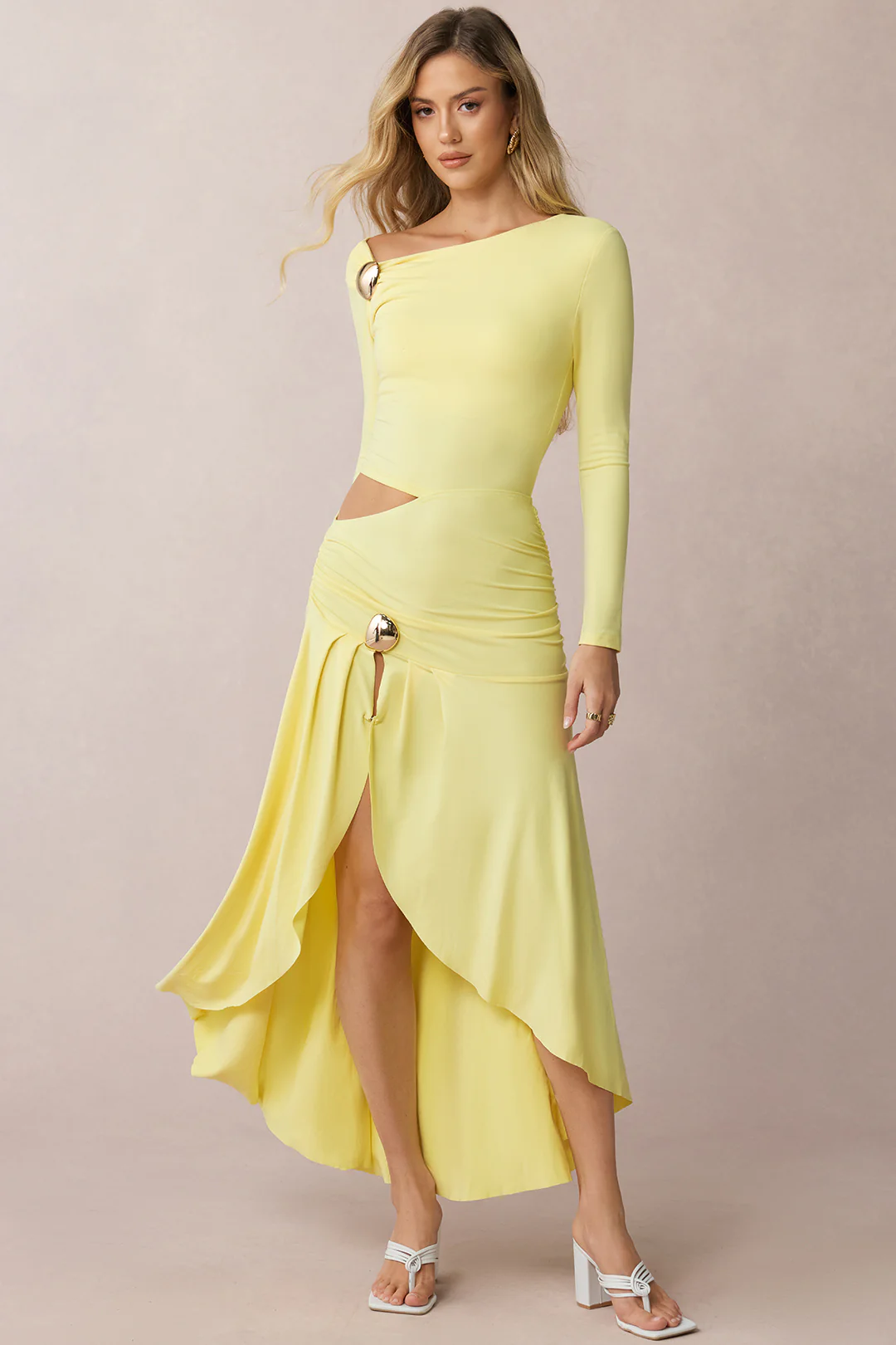 Cut Out Asymmetrical Ruched Long Sleeve Midi Dress - Flockneti