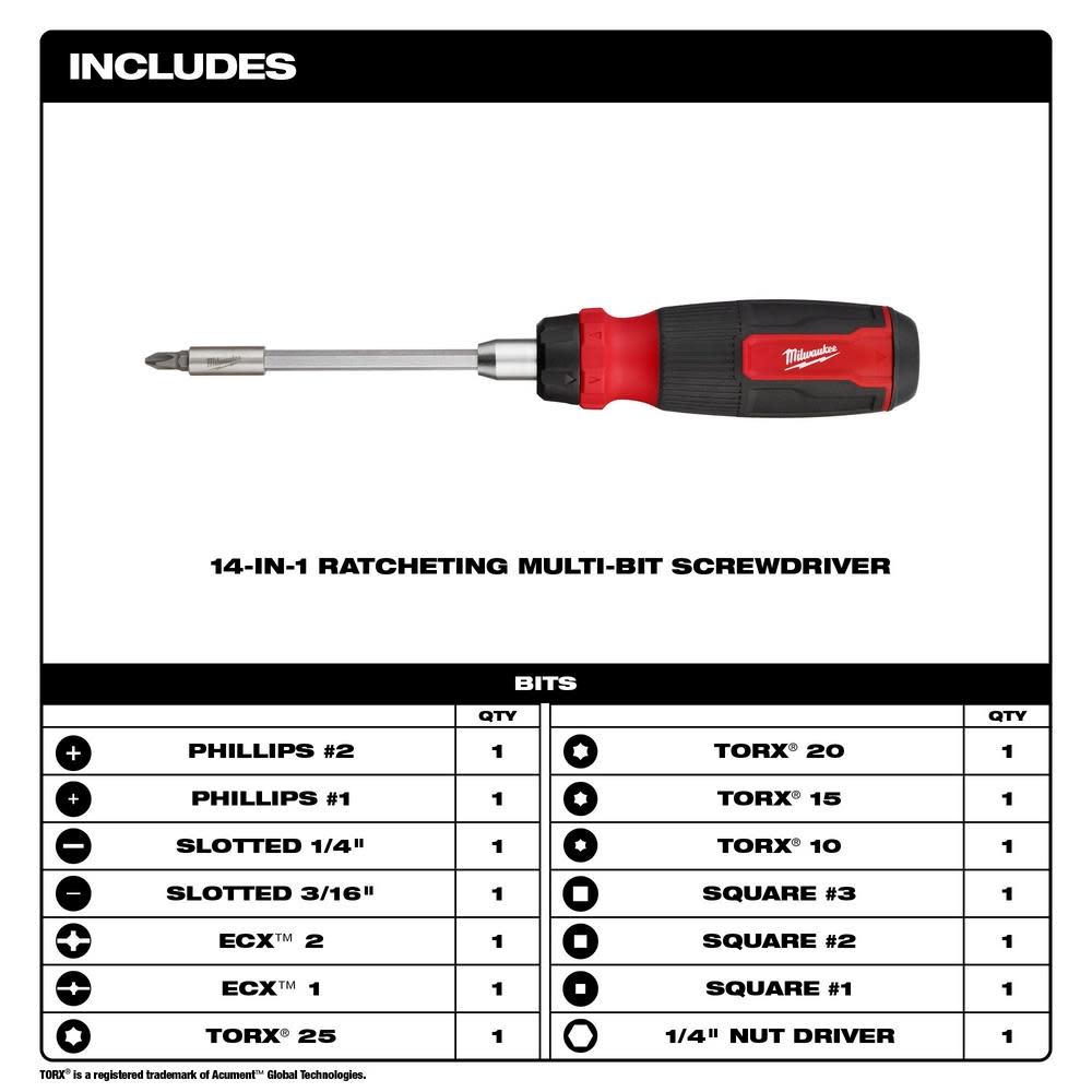 Milwaukee 14-in-1 Ratcheting Multi-Bit Screwdriver - Flockneti