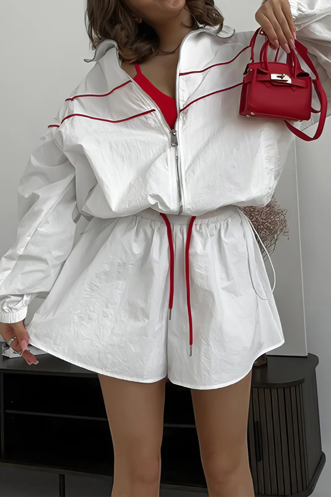 Contrast Binding Zipper Long-Sleeve Top And Tie-Up Wide Leg Shorts Set - Flockneti