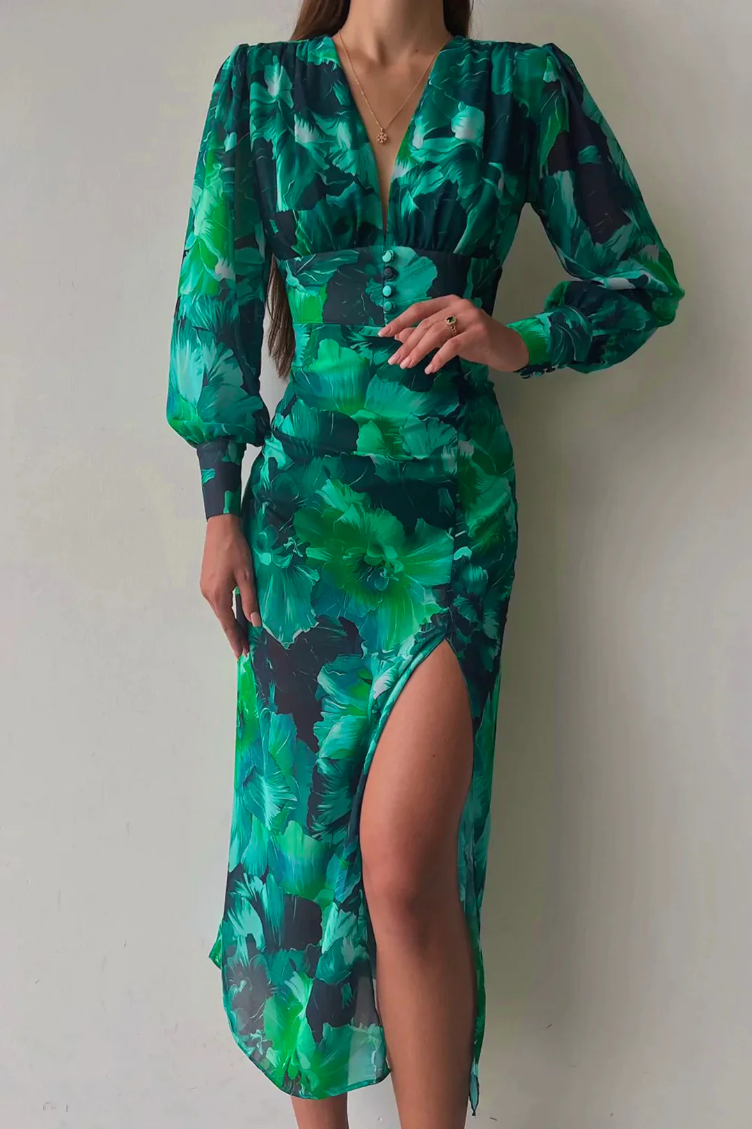 Chiffon Ombre Floral Print V-Neck Long Sleeve Slit Maxi Dress - Flockneti