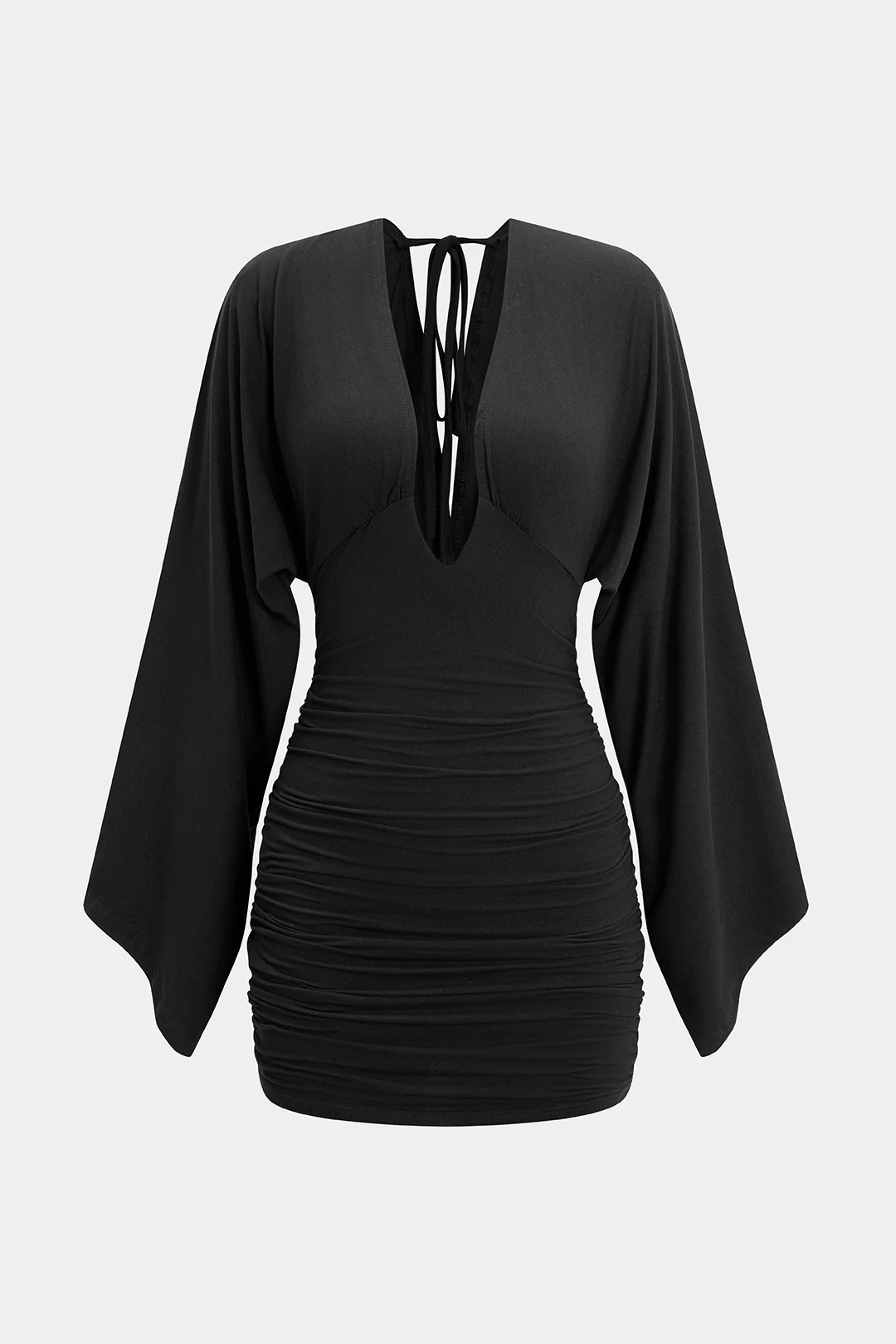 V-Neck Tie Back Backless Batwing Long Sleeve Mini Dress - Flockneti