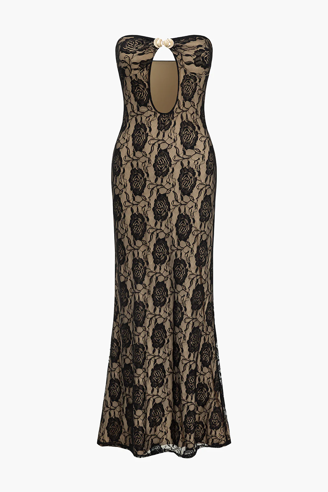 Lace Flower Print Metallic Decor Cut Out Maxi Dress - Flockneti