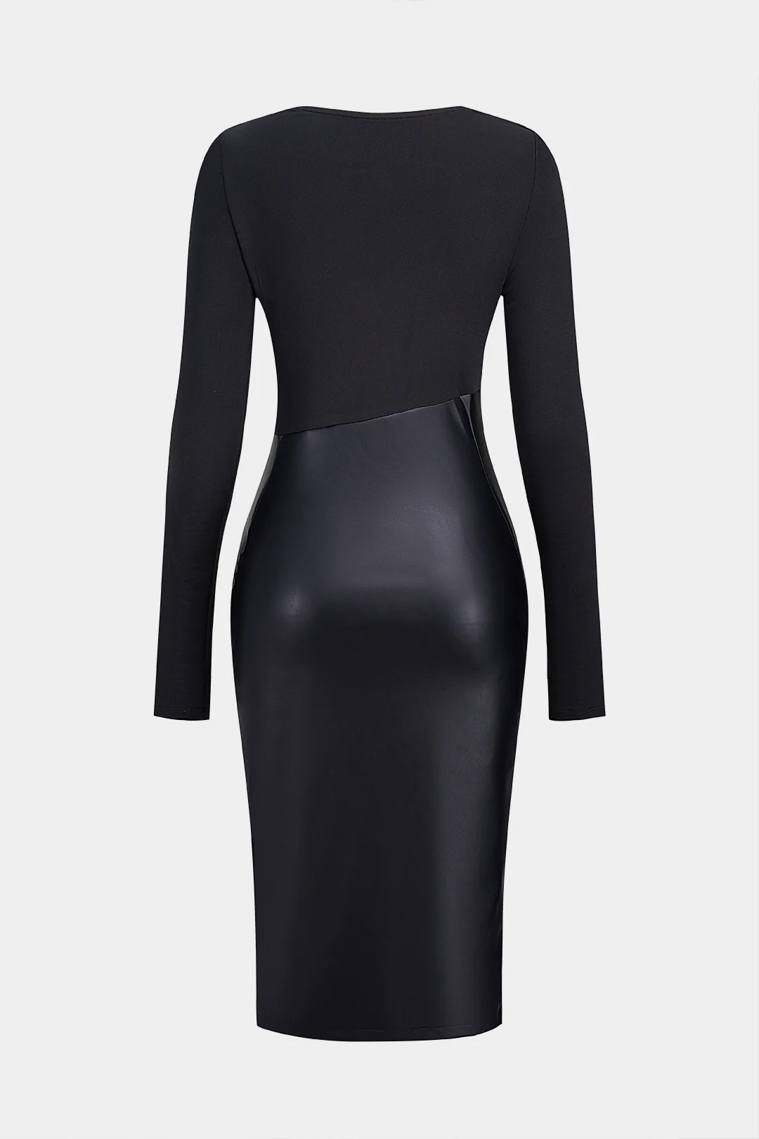 Faux Leather Cowl Neck Zipper Ruched Asymmetrical Long Sleeve Midi Dress - Flockneti
