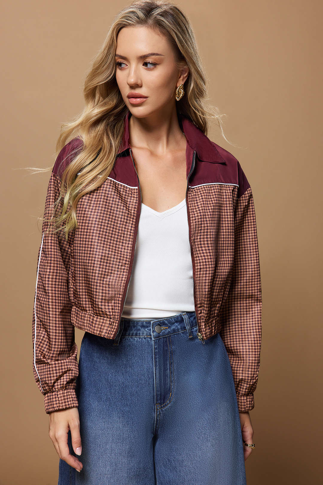 Plaid Print Zipper Lapel Jacket - Flockneti