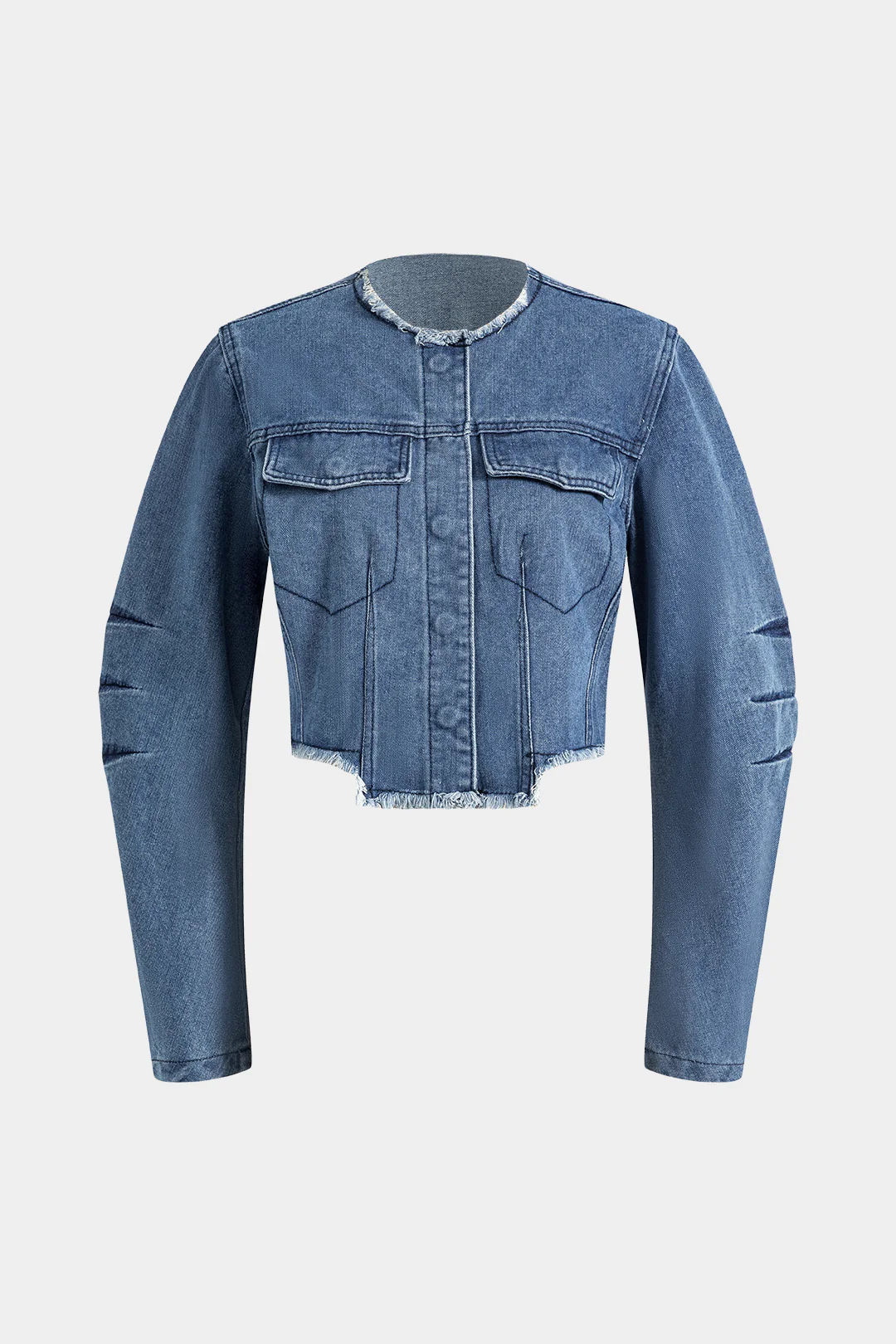 Denim Patchwork Button Round Neck Pocket Outerwear - Flockneti
