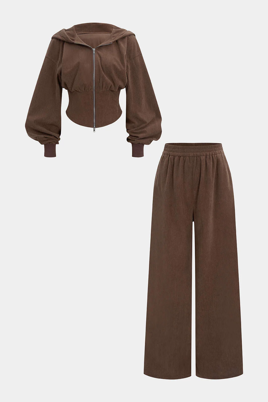 Waist-Cinching Zipper Hoodie And Shirred Waistband Pants Set - Flockneti