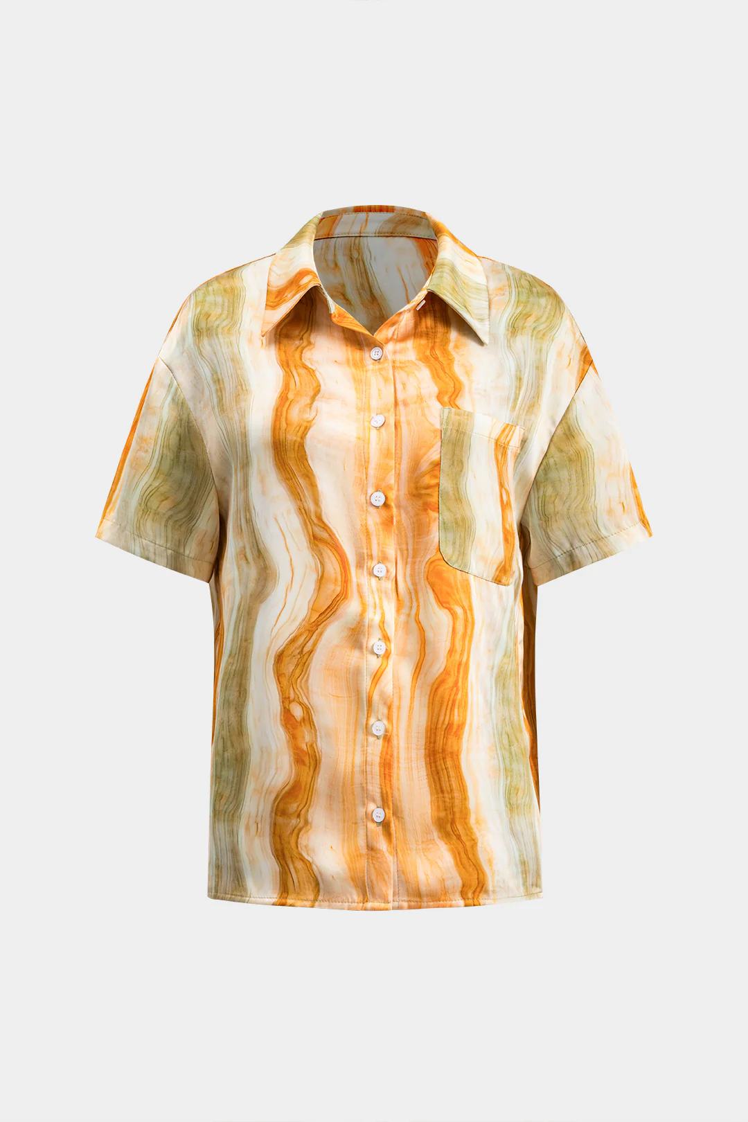 Marble Print Tie Front Button Pocket Short-Sleeve Shirt - Flockneti