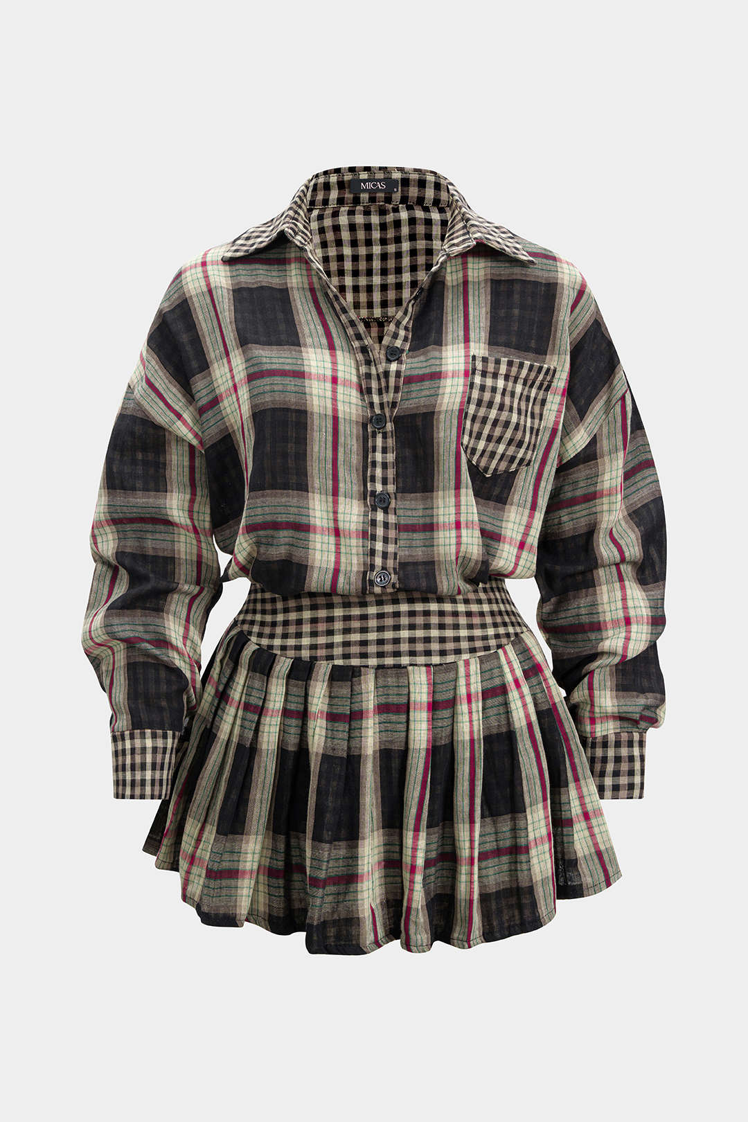Plus Size Plaid Print Button Long-Sleeve Shirt And Mini Skirt Set - Flockneti