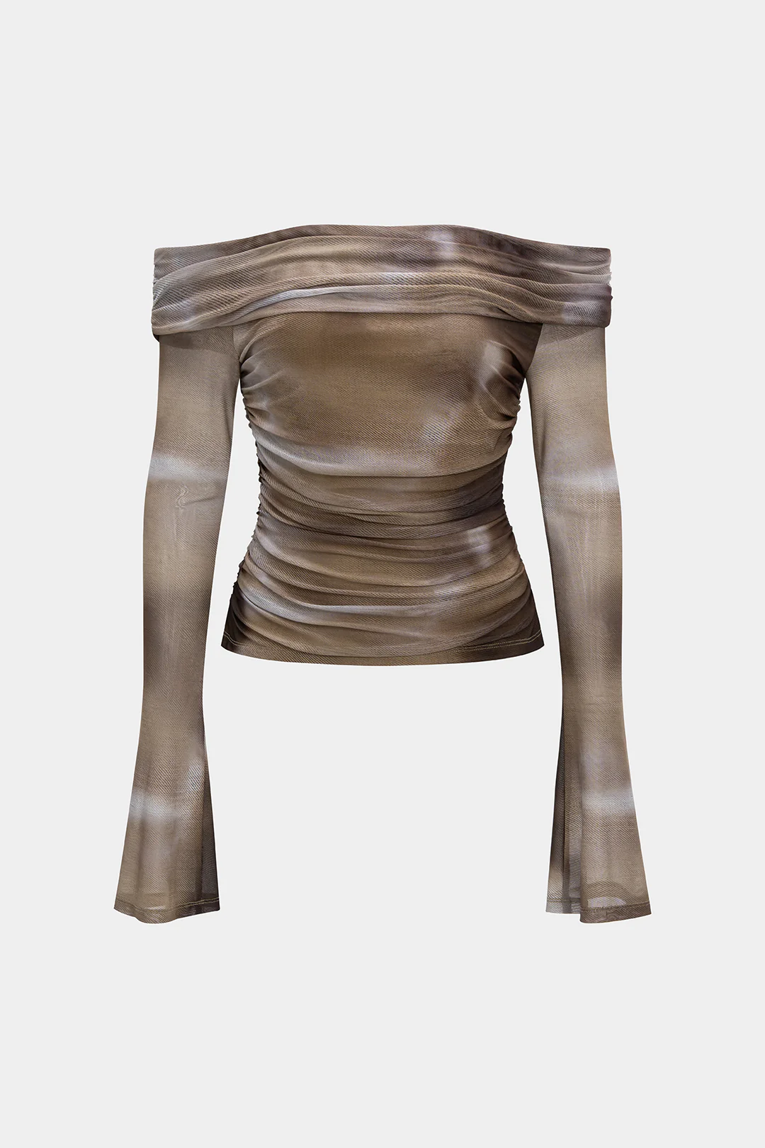 Abstract Tie Dye Ombre Print Mesh Off Shoulder Ruched Bell Sleeve Top - Flockneti